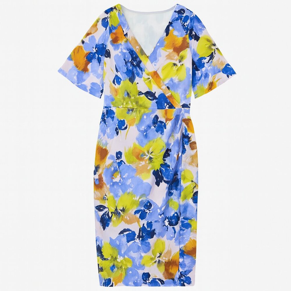 Maggie London Faux Wrap Floral Midi Dress – Flutter Sleeves Size 6 Wedding Guest
